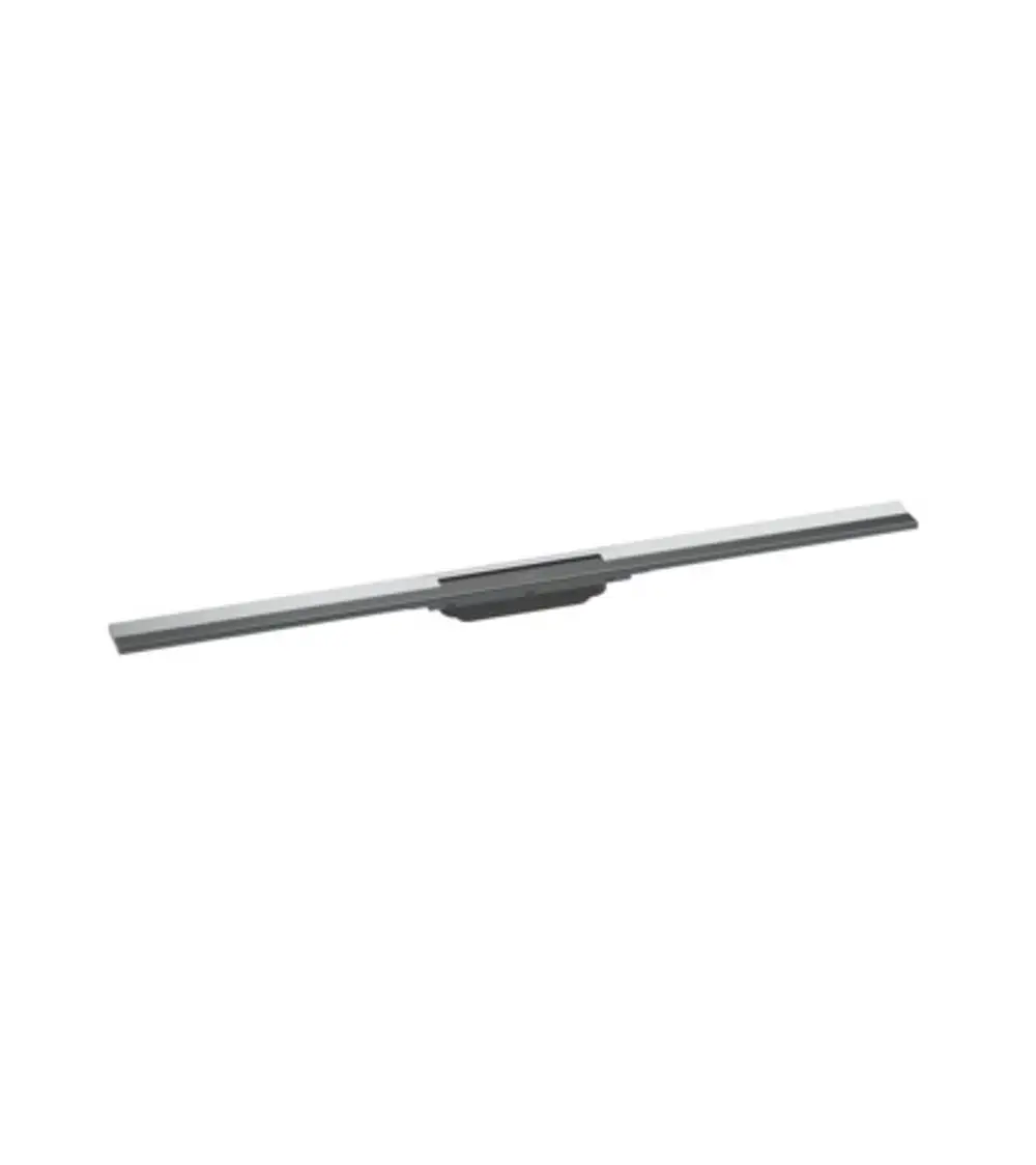 Edelstahl-Duschrinne mit flexibler Anpassungsmöglichkeit, designed von Hansgrohe. Sie zeigt ein schlichtes, funktionales Design mit einer glatten Oberfläche.